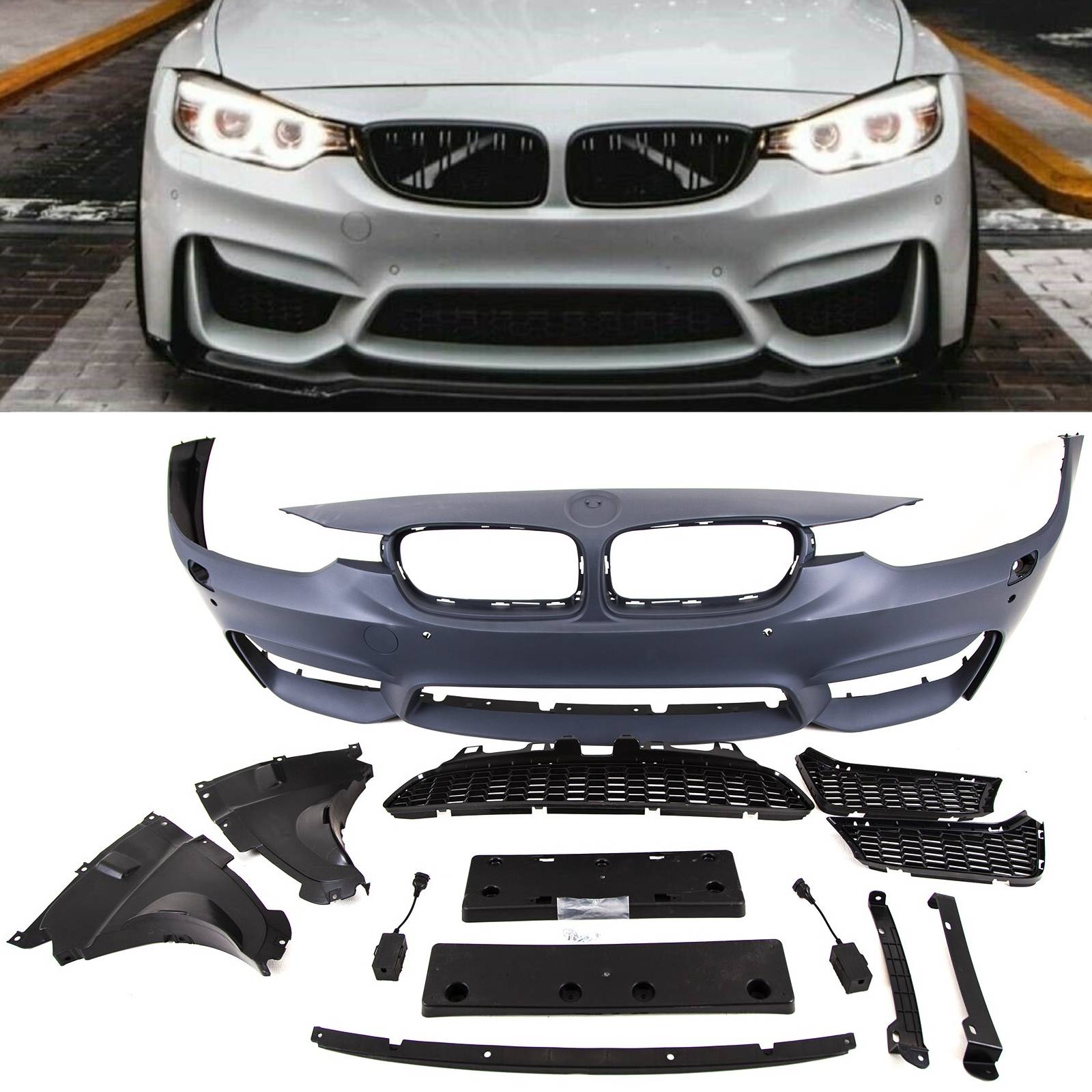 Fits BMW 3 Series F30 F31 Front Bumper Kit Without Pdc Holes Lower & Fog Grilles M3 Look