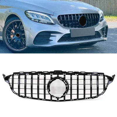 Fits Mercedes C Class W205 2018-2021 Front Bumper Grille Gloss Black AMG Panamericana GT Style - tradevehicleparts.co.uk