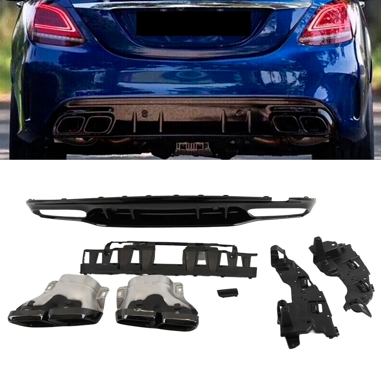 Fits Mercedes C Class W205 S205 AMG C63 Style Rear Bumper Diffuser Exhaust Tips