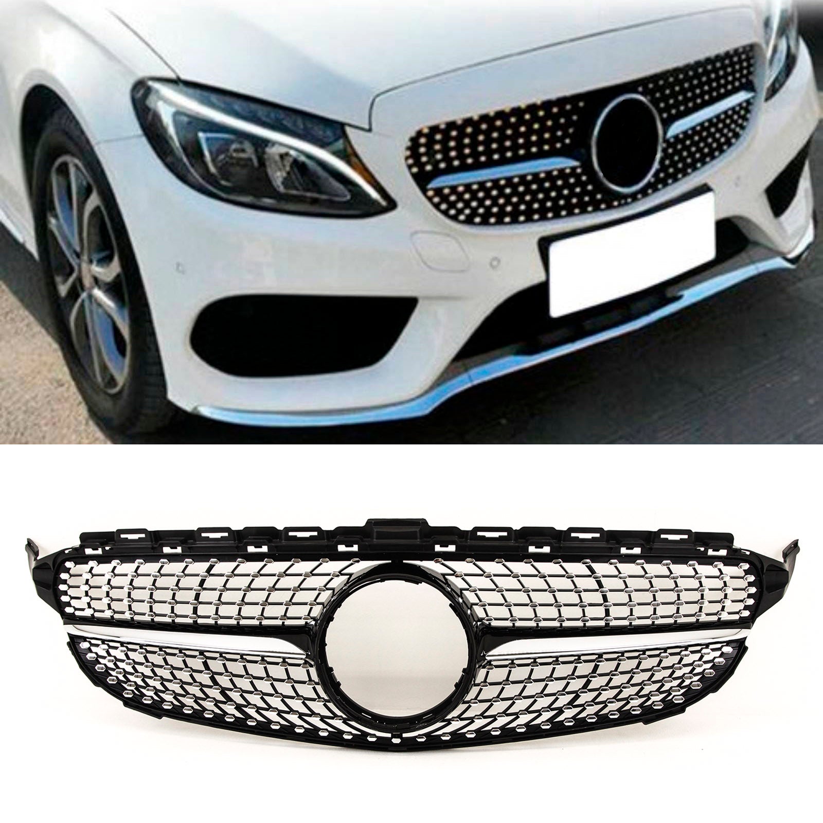 Fits Mercedes C Class W205 2014-2018 Front Bumper Grille Gloss Black W/ Chrome Pins AMG Diamond Style