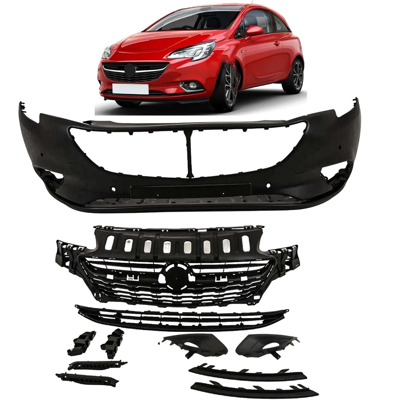 Vauxhall Corsa E 2015-2019 Front Bumper Kit Complete With Grilles Primed With 4 PDC Holes