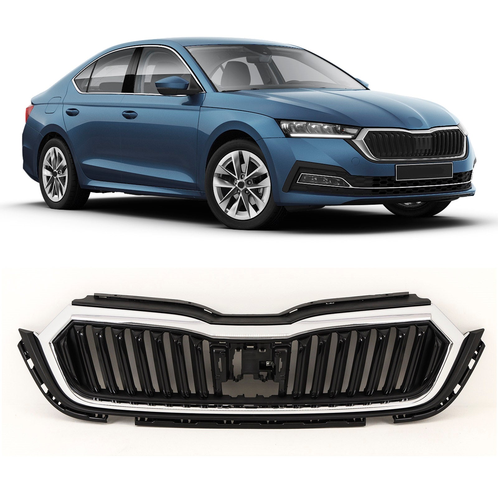 For Skoda Octavia 2020-2024 Front Bumper Main Grille Mat Black Textured With Chrome Moulding