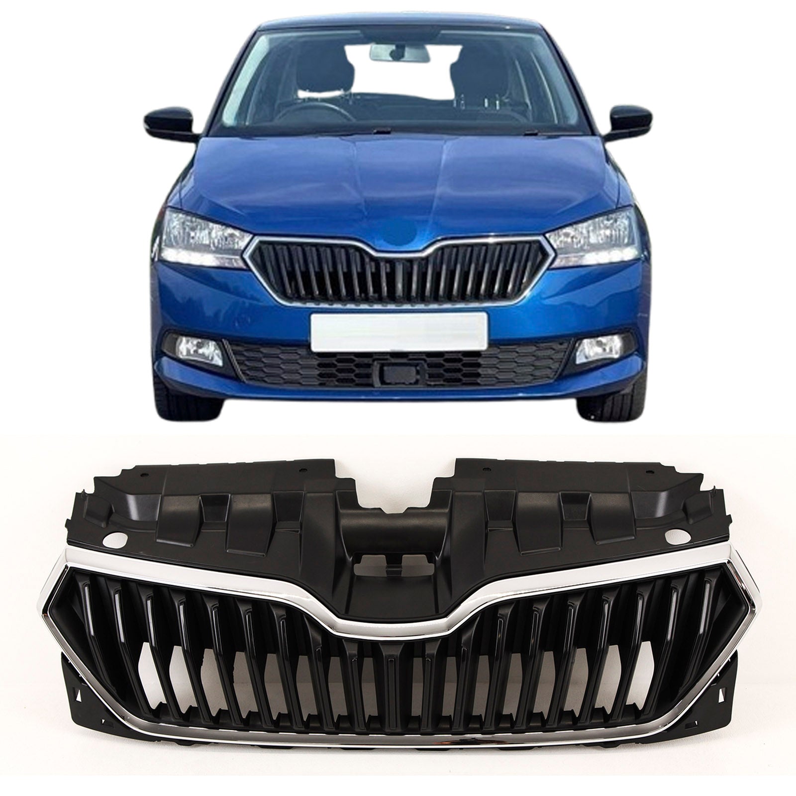 For Skoda Fabia MK3 2018-21 Front Bumper Main Grille Mat Black With Chrome Moulding