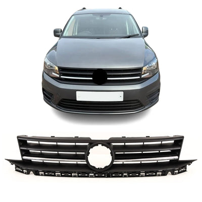 Vw Caddy 2015-2021 Front Bumper Main Grille Mat Black Textured With Chrome Moulding - tradevehicleparts.co.uk