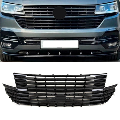Fits VW Transporter 2020- T6.1 Front Centre Grille Gloss Black Badgeless - tradevehicleparts.co.uk