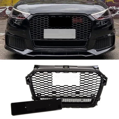 Fits Audi A1 S1 2015-2018 Front Main Grille Gloss Black Honeycomb RS1 Look Badgeless - tradevehicleparts.co.uk