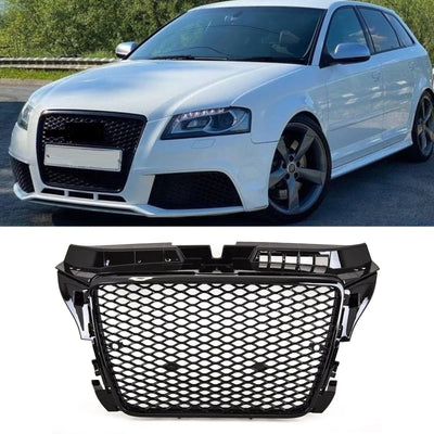 Fits Audi A3 S3 2008-2012 Front Main Grille Gloss Black Honeycomb RS3 Look Badgeless - tradevehicleparts.co.uk