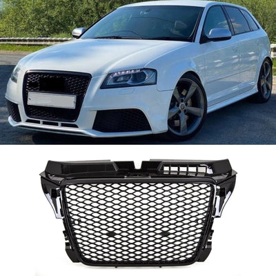 Fits Audi A3 S3 2008-2012 Front Main Grille Gloss Black Honeycomb RS3 Look Badgeless - tradevehicleparts.co.uk
