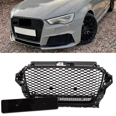 Fits Audi A3 S3 2012-2016 Front Main Grille Gloss Black Honeycomb RS3 Quatrro Look Badgeless - tradevehicleparts.co.uk