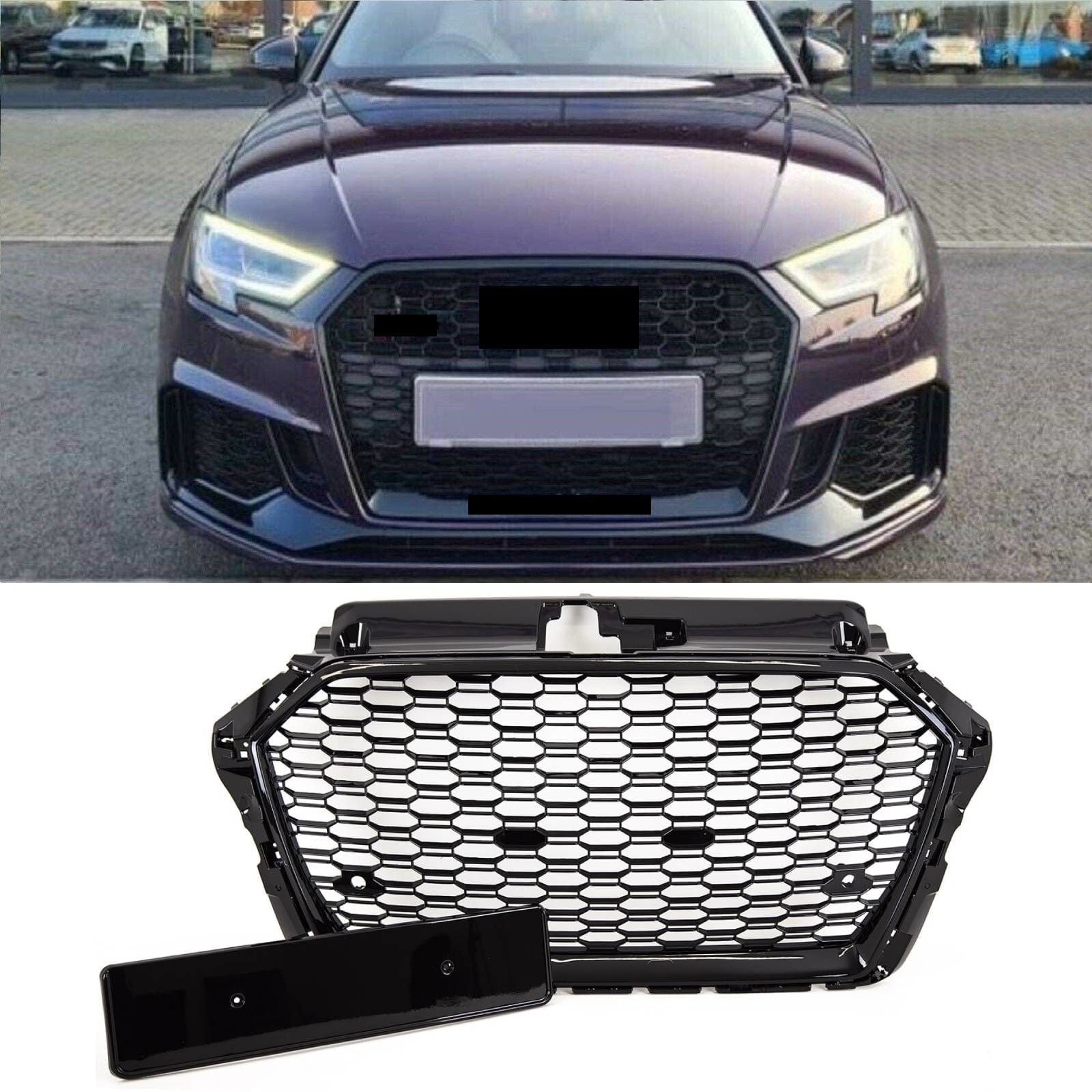 Audi A3 S3 2016-2020 Front Main Grille Gloss Black Honeycomb RS3 Look Badgeless Without Active Cruise Control Holes