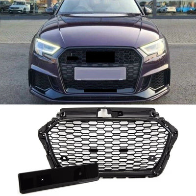 Fits Audi A3 S3 2016-2020 Front Main Grille Gloss Black Honeycomb RS3 Look Badgeless Without Active Cruise Control Holes - tradevehicleparts.co.uk