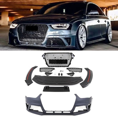Fits Audi A4 S4 B8 Facelift 2011-2015 Front Bumper Body Kit With Grilles RS4 Style Conversion - tradevehicleparts.co.uk