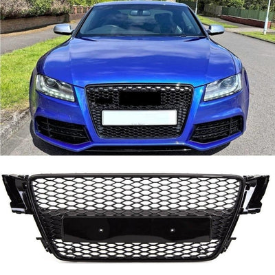 Fits Audi A5 S5 2007-2012 Front Main Grille Gloss Black Honeycomb RS5 Look Badgeless - tradevehicleparts.co.uk