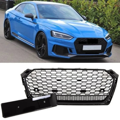 Fits Audi A5 S5 2016-2020 Front Main Grille Gloss Black Honeycomb RS5 Quattro Style Badgeless - tradevehicleparts.co.uk