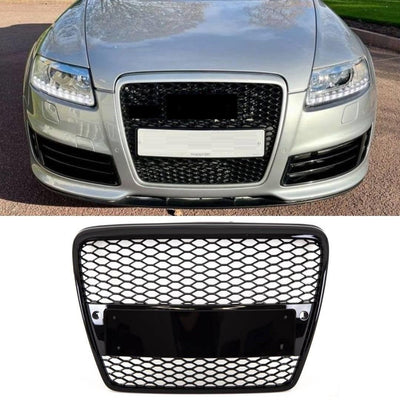 Fits Audi A6 S6 2008-2011 Front Main Grille Gloss Black Honeycomb RS6 Style Badgeless - tradevehicleparts.co.uk