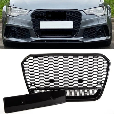 Fits Audi A6 S6 2011-2014 Front Main Grille With PDC Gloss Black Honeycomb RS6 Look Badgeless - tradevehicleparts.co.uk