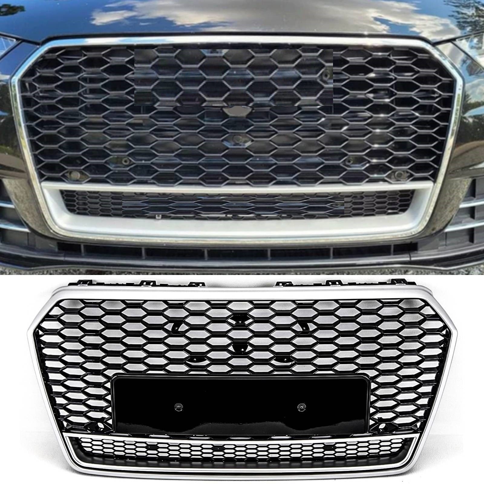 Audi A7 S7 2014-2018 Front Bumper Grille Honeycomb RS7 Style Gloss Black With Silver Frame