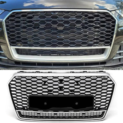 Fits Audi A7 S7 2014-2018 Front Bumper Grille Honeycomb RS7 Style Gloss Black With Silver Frame - tradevehicleparts.co.uk