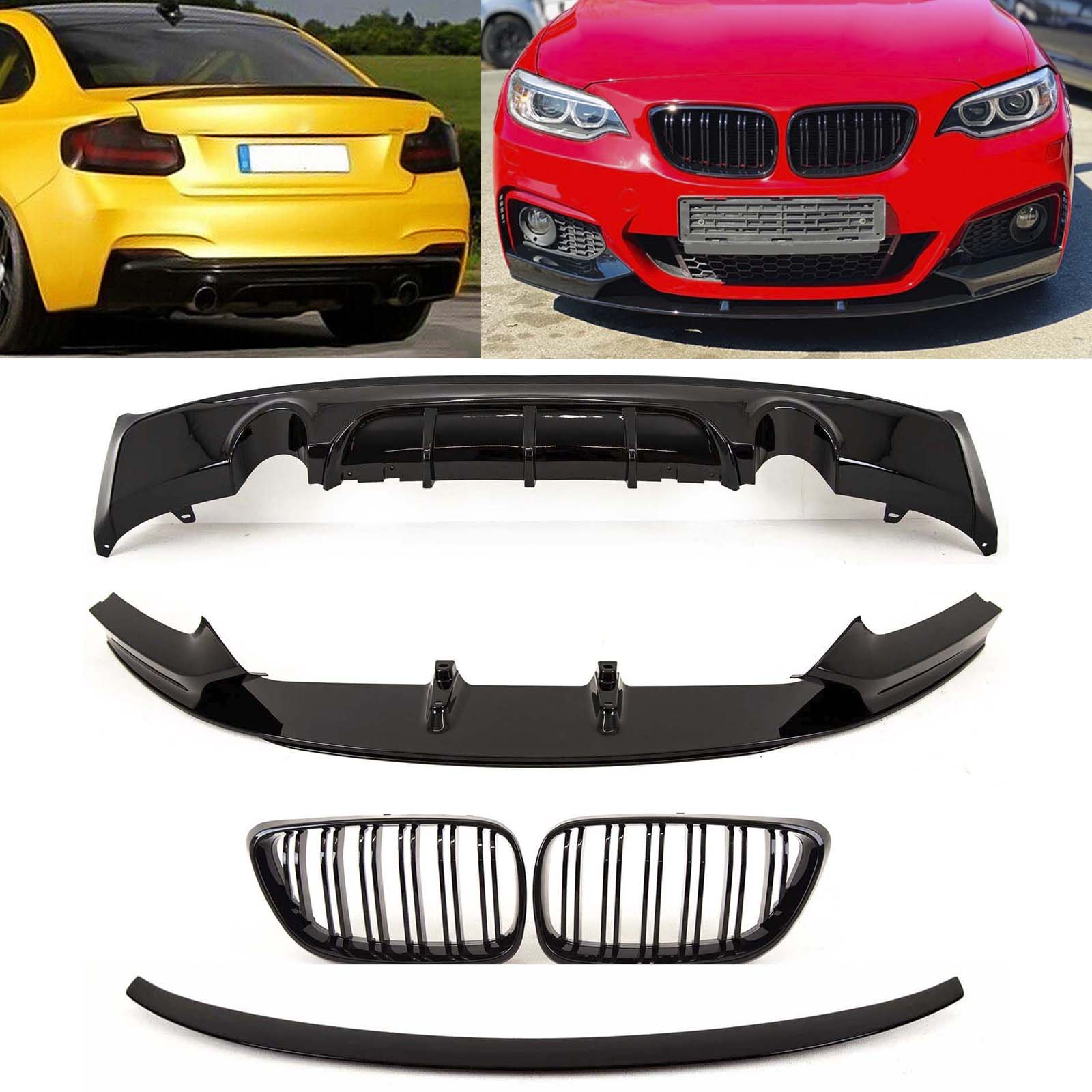 BM5343 BMW 2 Series F22 2014-2021 Aero Body Kit Front Splitter Rear Diffuser Dual Exhaust Kidney Grilles Boot Spoiler M Performance Style Gloss Black