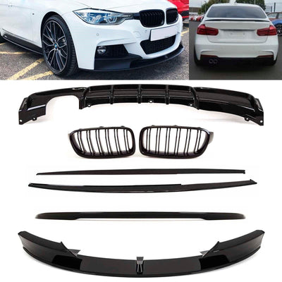 Fits BMW 3 Series F30 2012-2018 Aero Body Kit Front Splitter Rear Diffuser Boot Spoiler Kidney Grilles & Side Skirts M Performance Style Gloss Black - tradevehicleparts.co.uk