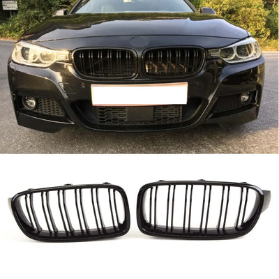Fits BMW 3 Series F30 F31 2012-2018 Front Kidney Grilles Double Slats M Performance Style Gloss Black - tradevehicleparts.co.uk