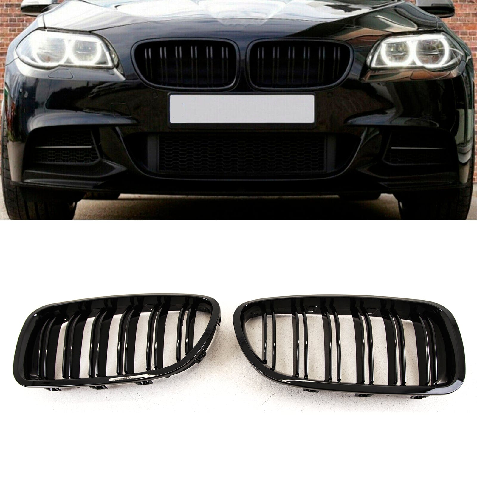 BM5481 BMW 5 Series F10 F11 2010-2016 Front Kidney Grilles Twin Double Slats M5 Look Gloss Black