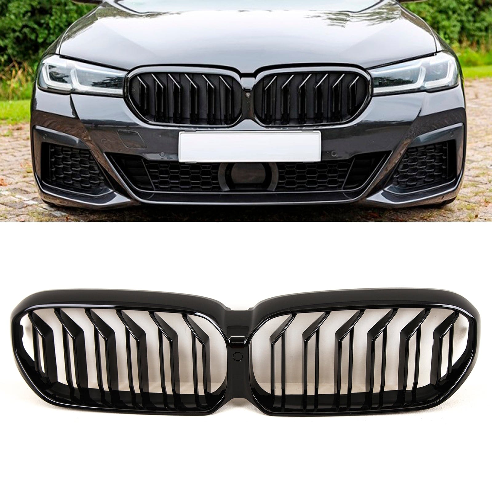 BM5482 BMW 5 Series G30 G31 LCI 2020-2023 Front Kidney Grilles Twin Double Slats M5 Look Gloss Black