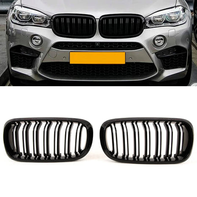 Fits BMW X5 F15 X6 F16 2013-2018 Front Kidney Grilles Twin Double Slats M Performance Look Gloss Black - tradevehicleparts.co.uk