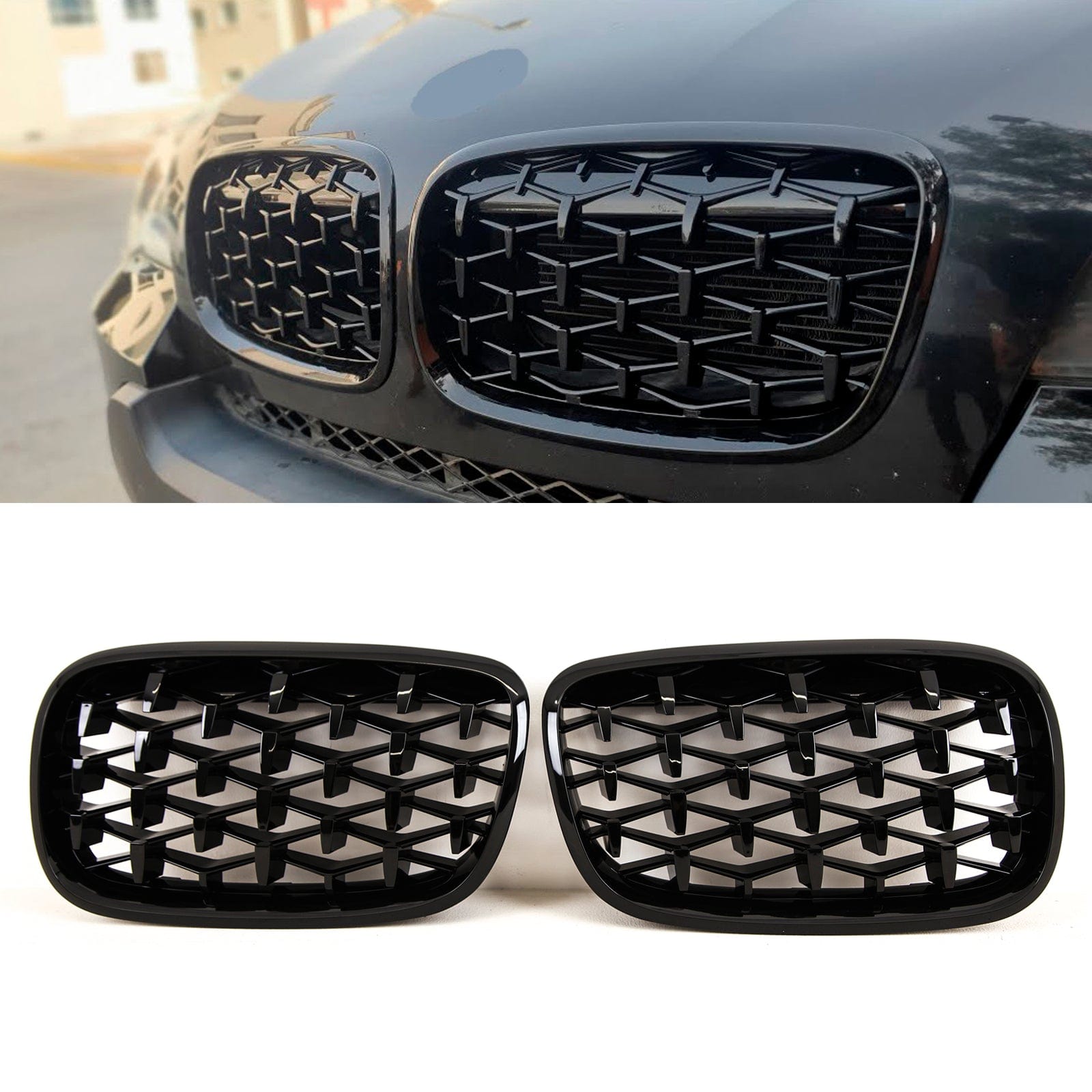 BM5484 BMW X5 E70 X6 E71 2007-2014 Front Kidney Grilles Diamond Meteor Style Gloss Black