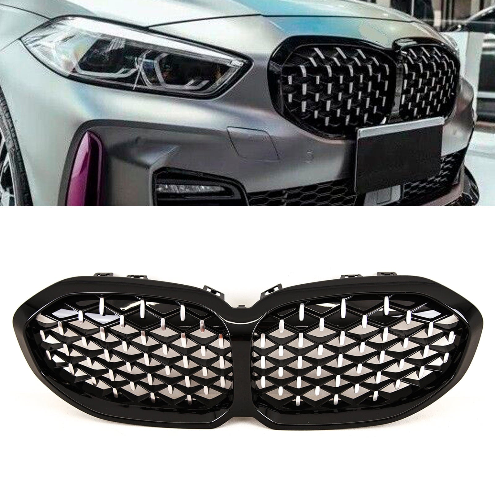 BM5486 BMW 1 Series F40 2019- Front Kidney Grilles Diamond Style Gloss Black & Chrome