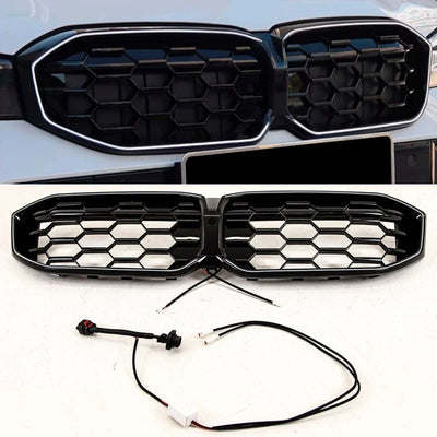 Fits BMW 3 Series G20 G21 LCI 2022- Front Kidney Grilles Diamond Style Gloss Black With LED Light - tradevehicleparts.co.uk