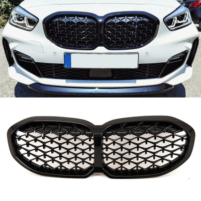 Fits BMW 1 Series F40 2019- Front Kidney Grilles Diamond Style Gloss Black - tradevehicleparts.co.uk