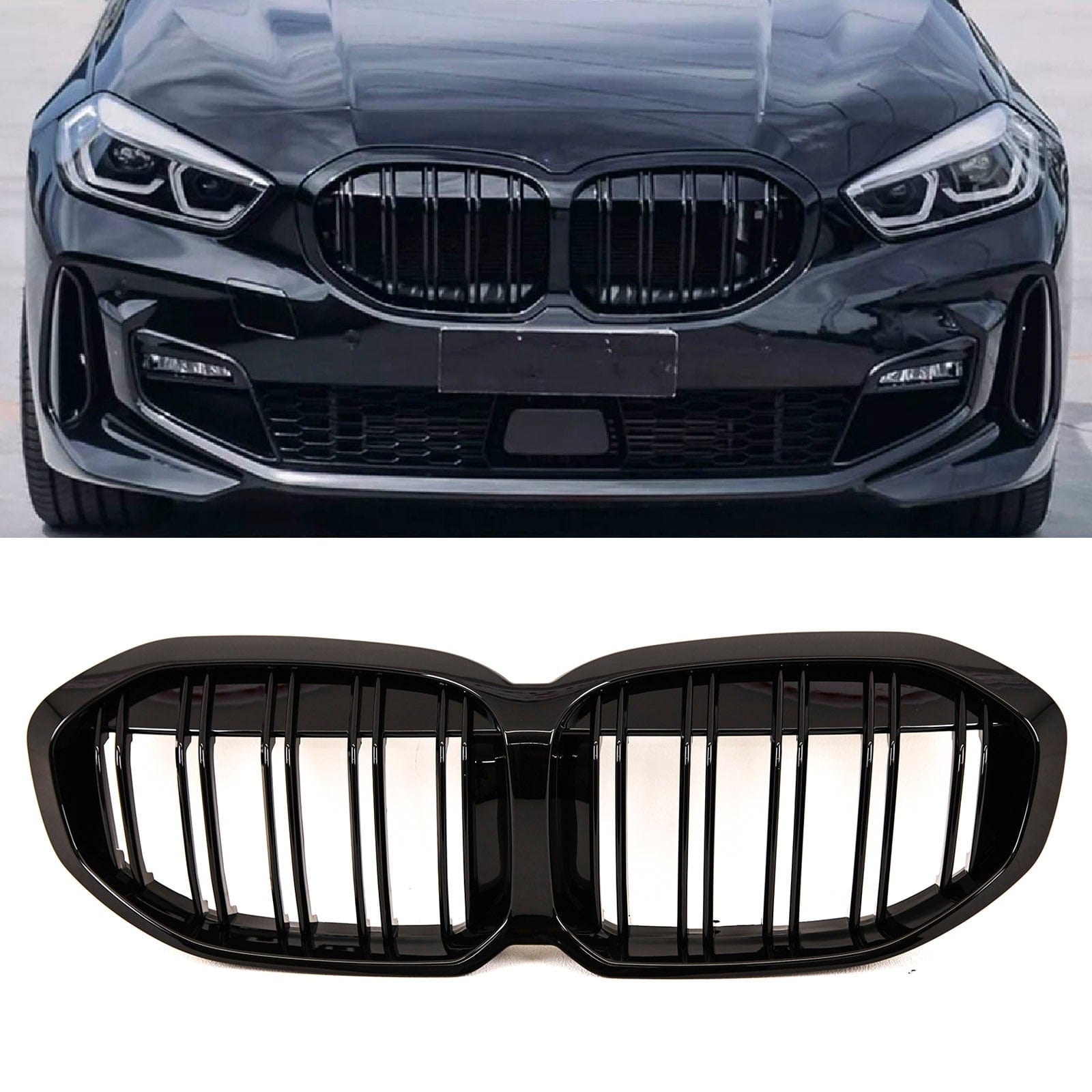 BM5490 Fits BMW 1 Series F40 2019- Front Kidney Grilles Twin Double Slats Gloss Black