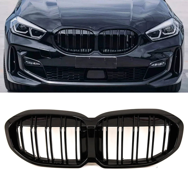 Fits BMW 1 Series F40 2019- Front Kidney Grilles Twin Double Slats Gloss Black - image 2