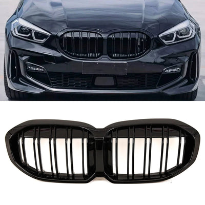 Fits BMW 1 Series F40 2019- Front Kidney Grilles Twin Double Slats Gloss Black - tradevehicleparts.co.uk