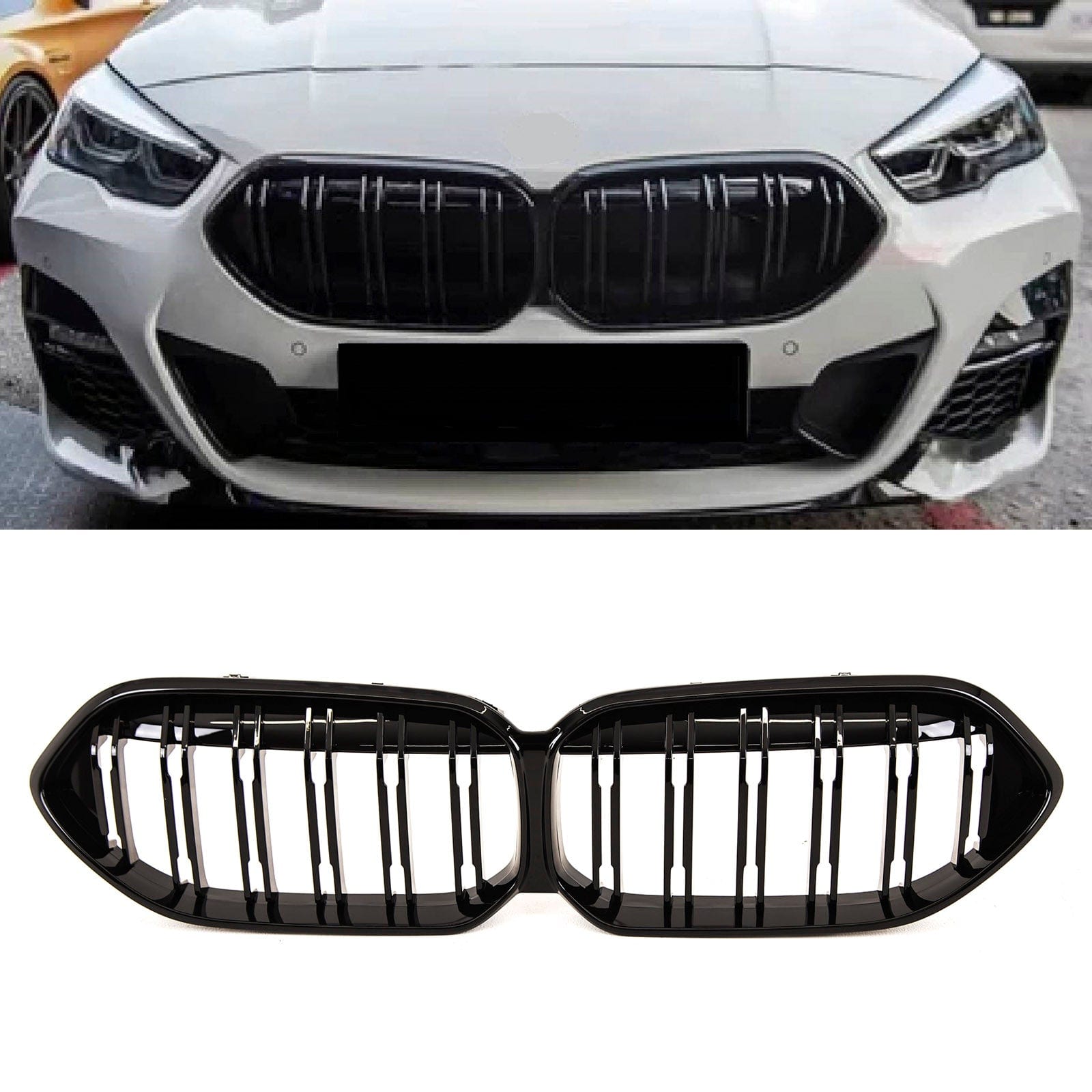 BM5491 Fits BMW 2 Series F44 2019- Front Kidney Grilles Twin Slats M Sport Style Gloss Black