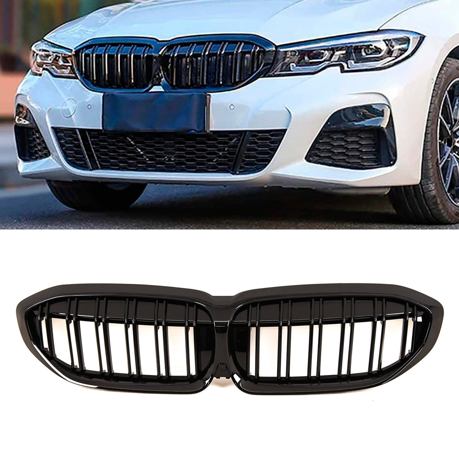 BM5493 Fits BMW 3 Series G20 G21 2019-2022 Front Kidney Grilles Twin Slats M Sport Style Gloss Black