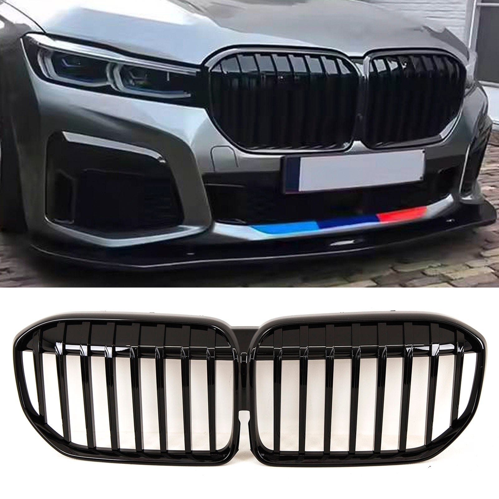 BM5496 Fits BMW 7 Series G11 G12 LCI 2019- Front Kidney Grilles Single Slats M Performance Style Gloss Black