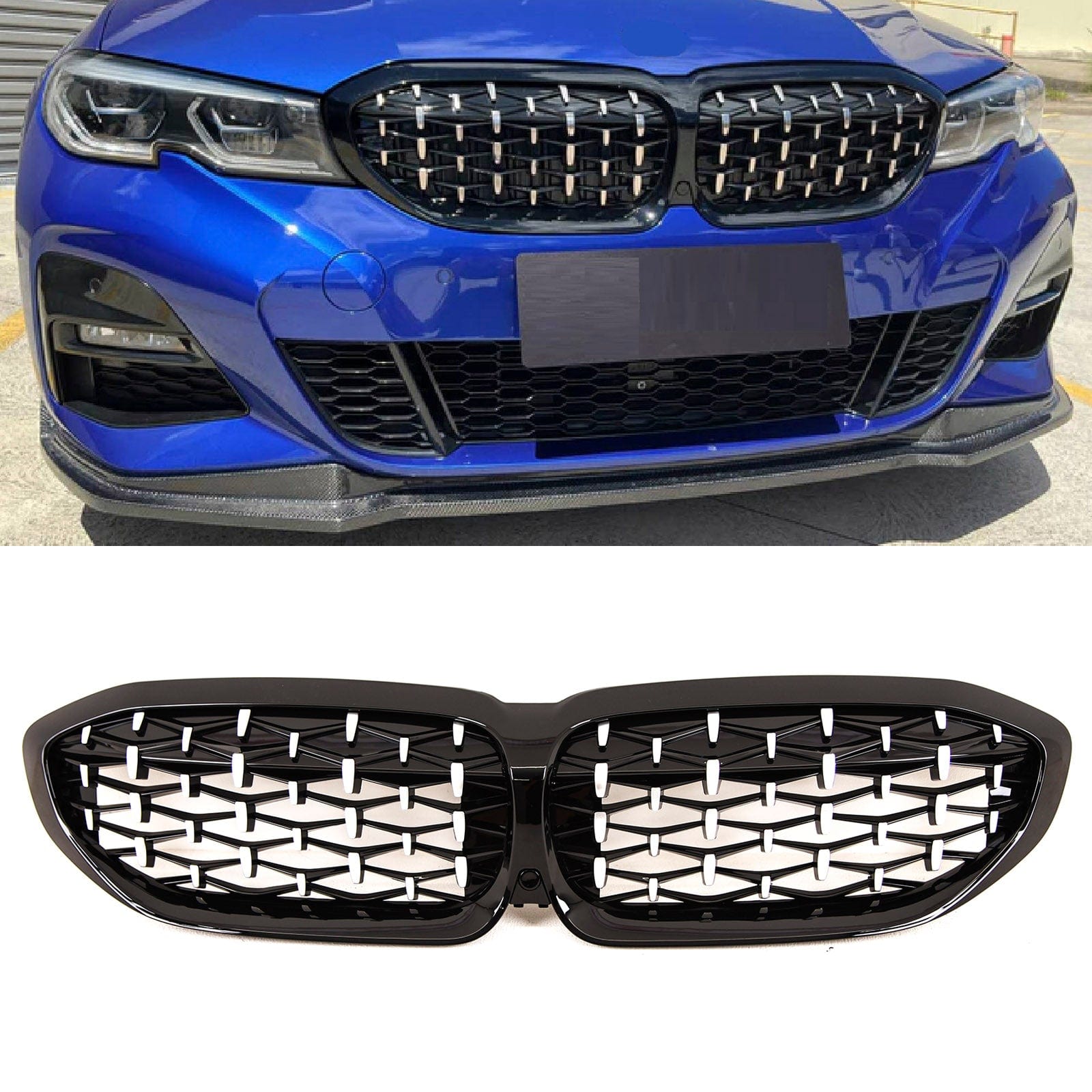 BM5502 Fits BMW 3 Series G20 G21 2019-2022 Front Kidney Grilles Diamond Style Gloss Black & Silver