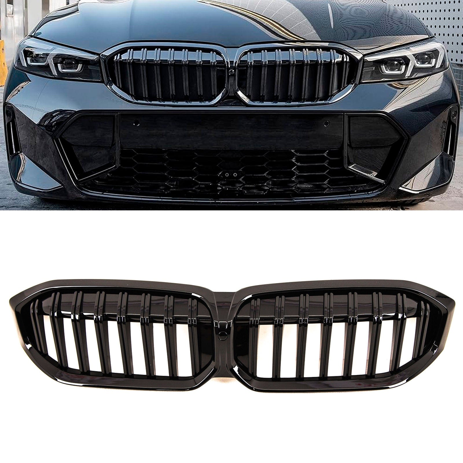 BM5503 Fits BMW 3 Series G20 G21 LCI 2022- Front Kidney Grilles Single Slats Gloss Black