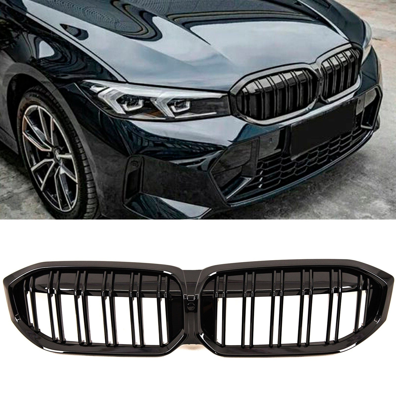 BM5504 Fits BMW 3 Series G20 G21 LCI 2022- Front Kidney Grilles Twin Slats Gloss Black