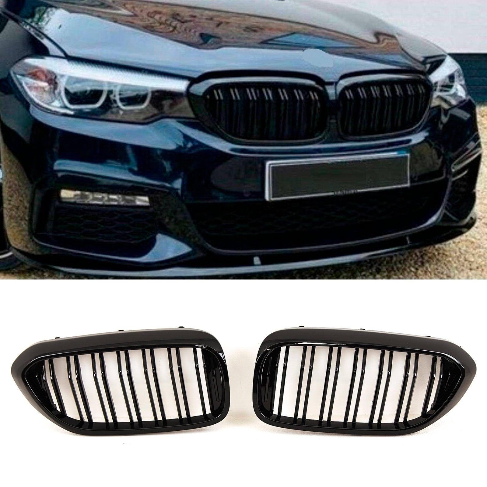 BM5517 Fits BMW 5 Series G30 G31 Kidney Grilles Twin Double Slats M Performance Style Gloss Black