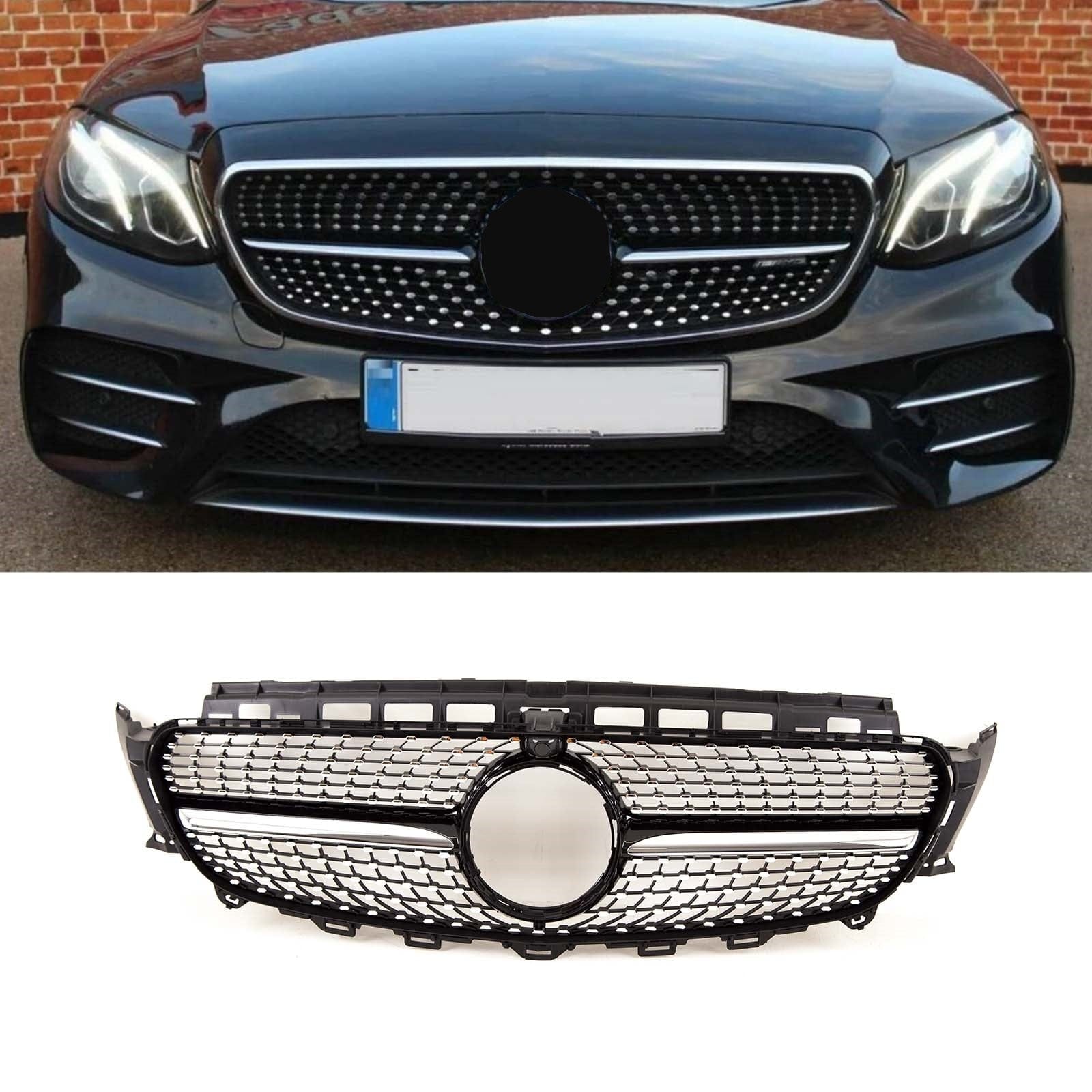 BZ5140 Fits Mercedes E Class W213 S213 C238 A238 2016-2020 Front Bumper Grille AMG Diamond Style Gloss Black W/ Chrome Trim & Pins