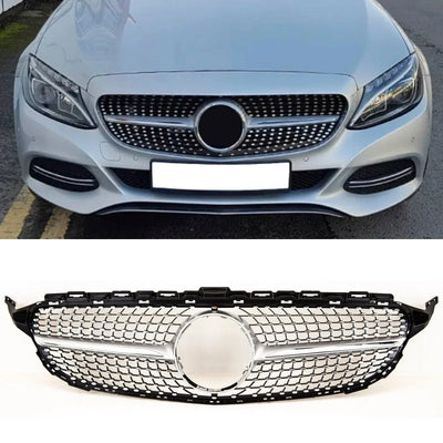 Fits Mercedes C Class W205 2014-2018 Front Bumper Grille AMG Diamond Style Gloss Black & Chrome - tradevehicleparts.co.uk