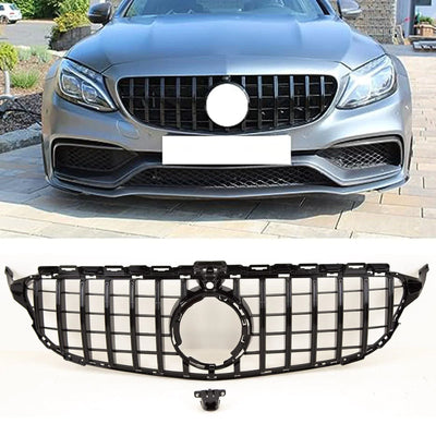 Fits Mercedes C Class W205 2018-2021 Front Bumper Grille AMG Panamericana GT Style Gloss Black - tradevehicleparts.co.uk