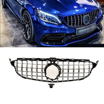 Fits Mercedes C Class W205 2018-2021 Front Bumper Grille Gloss Black With Chrome Slats With Camera Hole AMG Panamericana GT Style - tradevehicleparts.co.uk