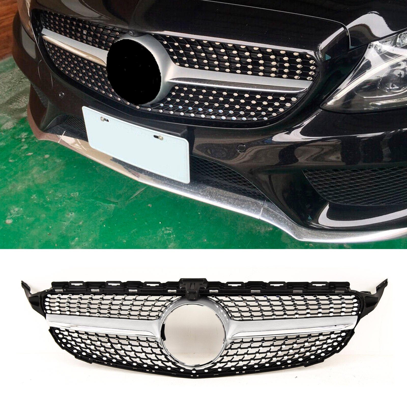 BZ5174 Fits Mercedes C Class W205 2014-2018 Front Bumper Grille Chrome & Black AMG Diamond Look
