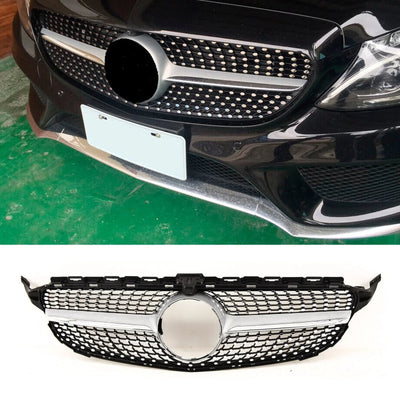 Fits Mercedes C Class W205 2014-2018 Front Bumper Grille Chrome & Black AMG Diamond Look - tradevehicleparts.co.uk