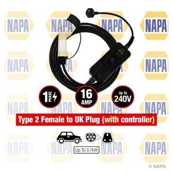 NAPA EV Charging Cable 16A Type 2 Female to UK Plug With Controller NEC103