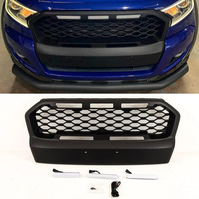 For Ford Ranger T6 2015-2019 Front Main Grille Mesh Style Upgade With LED Lights Black - tradevehicleparts.co.uk
